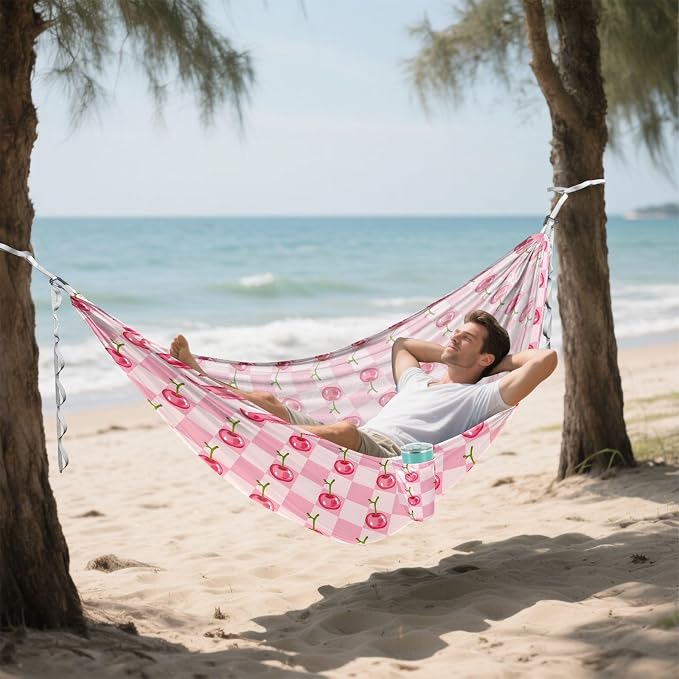 Camping Hammock Outdoor Hammocks for Outside Cherry Lattice Beach Trees Portable Lightweight with Pockets Tree Straps Indoor