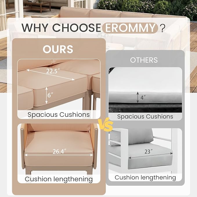 EROMMY 7 Pieces Patio Sectional Furniture Set, Metal Frame Outdoor Conversation Set with Single Seat, 6" Thick Cushions & Coffee Table, All-Weather Sofa for Poolside, Deck & Backyard, Beige
