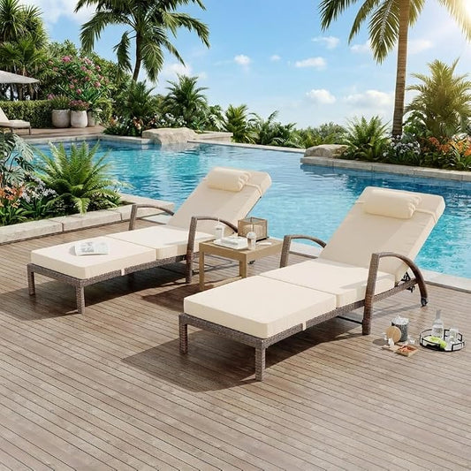 GarveeLife Outdoor Wicker Chaise Lounge Chair with Cushion, Metal Frame Patio Reclining Lounge Bed, All-Weather Rattan Sun Lounger for Poolside, Garden, Backyard & Balcon,Brown Wicker, Beige Cushion