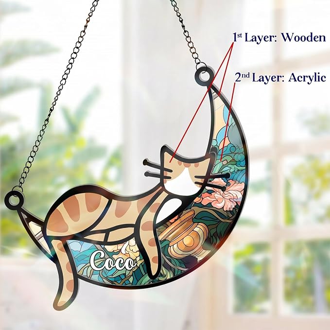 Custom Cat Memorial Suncatcher for Windows Ornament, Pet Sympathy Gift to Memorialize The Loss, Cat Sleep Sun Catchers with Personalized Decorations in Loving Memory for Loss Pet