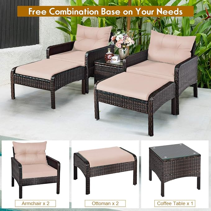 COSTWAY 5 PCS Patio Rattan Furniture Set, Outdoor Cushioned Sofa with Ottomans and Coffee Table, Wicker Conversation Set for Backyard Porch Lawn Poolsid, Beige