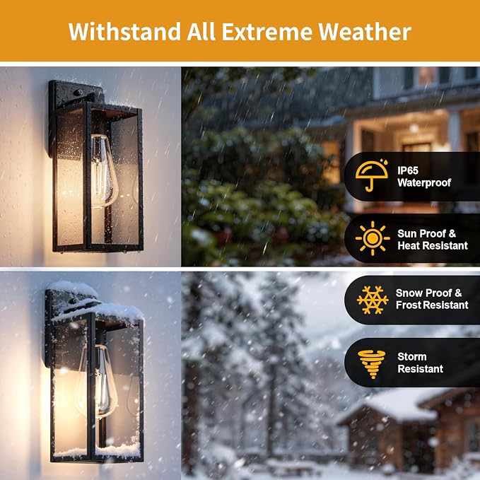 15'' Dusk to Dawn Outdoor Porch Lighting Fixtures Wall Mount, Sensor Exterior Wall Light for House, Ouside Lantern Lamp, Waterproof Wall Sconce Lights, Black Metal Coach Light for Garage Entryway