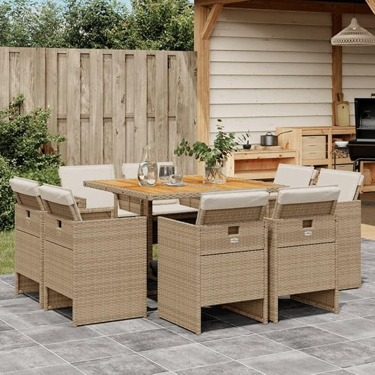 9-Piece Patio Dining Set with Cushions Beige Poly Rattan Outdoor Furniture Set for Garden Backyard Balcony Porch