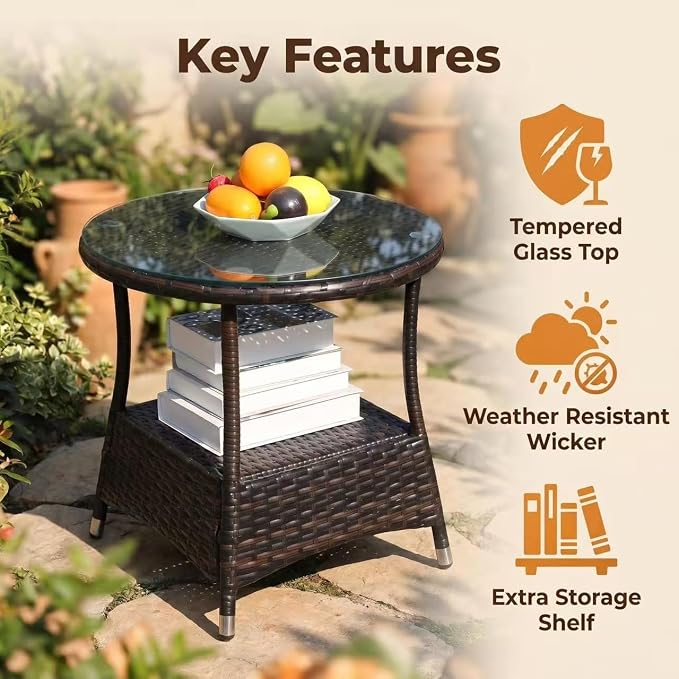 IRONORA Outdoor Wicker Coffee Table Patio Round Side Tables for Outside, Tempered Glass Top Wicker Table with Storage End Table for Balcony Porch Deck