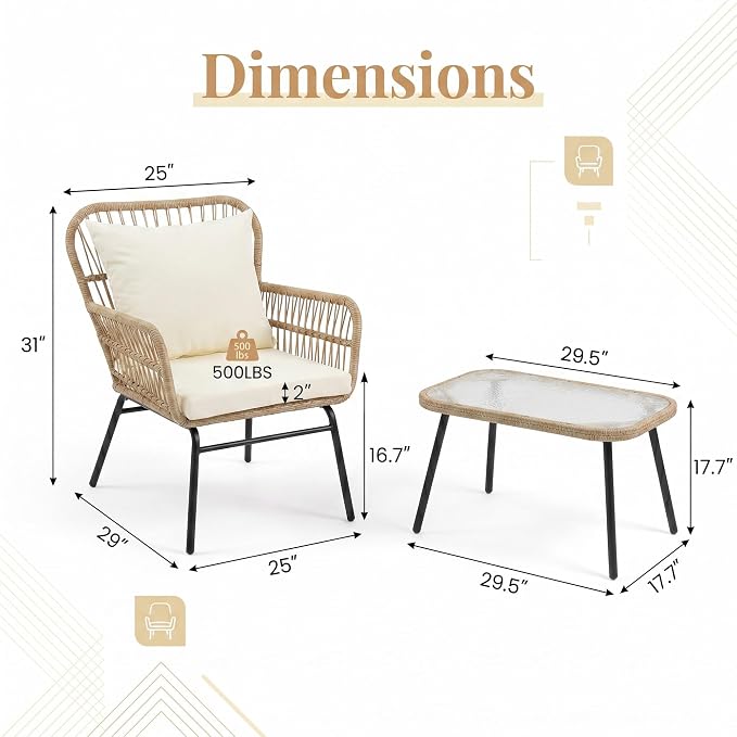 NICESOUL 3 Pieces Boho Small Outdoor Patio Chair Set with Thick Cushion and Glass Table, Rattan Wicker Chair, Bistro Set for Garden Balcony Deck Porch Backyard Apartment, Beige