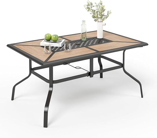 MIXPATIO Outdoor Patio Dining Table for 6, 61" x 38" Rectangular Metal Patio Dining Table with Umbrella Hole for Garden, All Weather Wrought Iron Black Outdoor Table Backyard and Porch