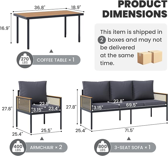 4 Pieces Patio Furniture Set, Outdoor Furniture Set with Table and Chairs, Metal Patio Conversation Sets with Thick Waterproof Cushions for Backyard, Garden, Poolside, Dark Grey (5 Seats)