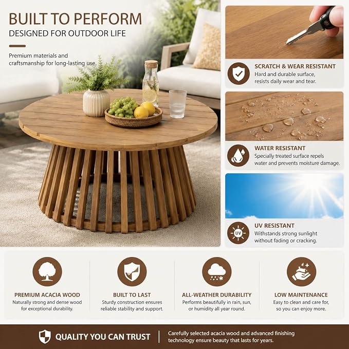 Round Outdoor Coffee Table for Patio, 31.5 Inch Acacia Wood Side Table with Slatted Pedestal Base, Farmhouse Outside Coffee Table for Garden, Balcony, Poolside, Porch, Weather-Resistant, Light Teak