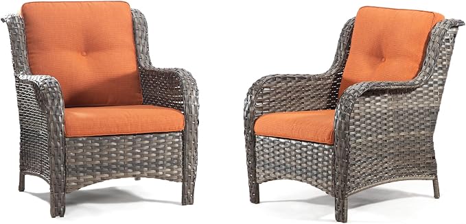 Wicker Chair Set 6 Pieces - Outdoor Wicker Patio Furniture Set with 4 Armchairs and 2 Ottomans, Olefin Cushions Included(Mixed Grey/Orange)