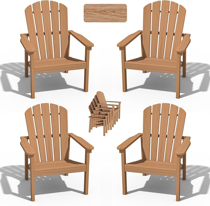 nevilywood Compact Stackable Adirondack Chairs Set of 4,HDPE,380lbs,Teak | 26.3" Wide HDPE.All-Weather Outdoor.Maintenance-Free.Stackable for Storage.25°Curved Straight Backrest.Quick Assembly