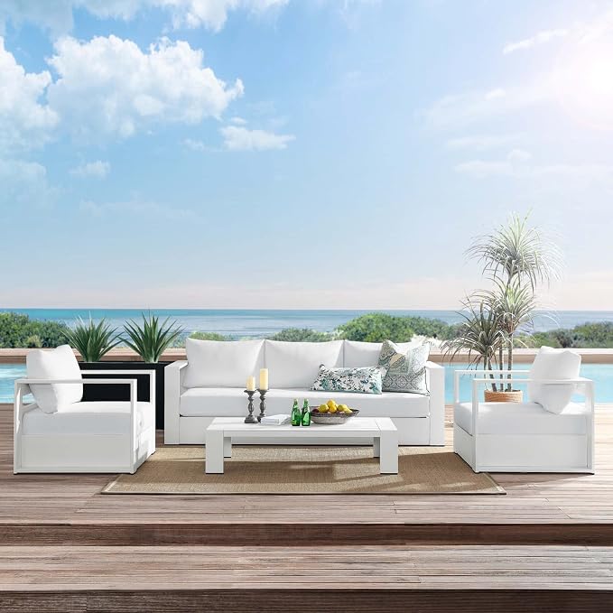 Modway Tahoe 4-Piece Outdoor Patio Set, White, Armchairs, Sofa, Coffee Table