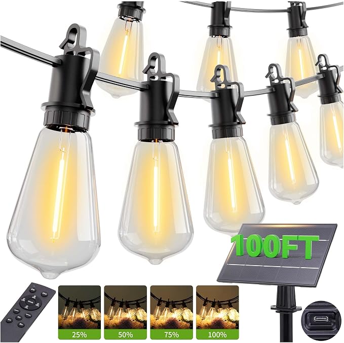 100ft Solar Lights Outdoor String light patio 30+2bulbs Shatterproof, solar String Lights Outdoor Waterproof with Remote ST38 Vintage Edison Bulbs,Waterproof Hanging Lights for Outside Backyard