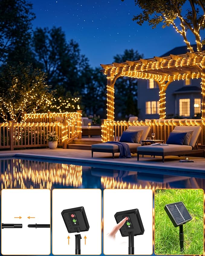 btfarm 2 Pack Solar Rope Lights Outdoor, Total 92FT 240LED Solar String Lights Outside Waterproof, 8 Lighting Mode Solar Powered Trampoline Light for Garden Tree Christmas Yard Party Decor, Warm White