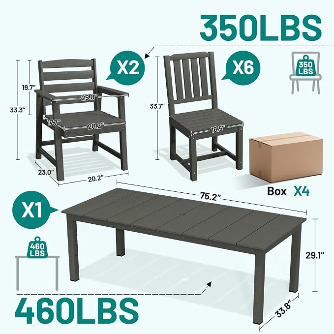 PLUUV 9-Piece Outdoor Patio Dining Set – HDPE Dining Table with Aluminum Legs and Umbrella Hole, 8 Chairs & 1 Table, All-Weather Patio Furniture Set for Garden Deck Backyard, Grey