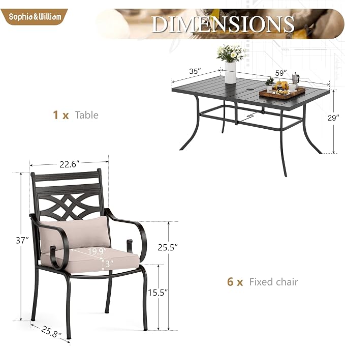 Sophia & William Patio Dining Set, Steel, Black | Umbrella Hole, E-Coated, Cushions Included, For Patio, Garden and Yard