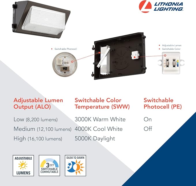 Lithonia Lighting 17" LED Wall Pack Outdoor Light, Dusk to Dawn Photocell | Bronze Outdoor Light Fixture, 3000K/4000K/5000K CCT, Adjustable Lumens, UVOLT (TWR2 LED ALO SWW2 UVOLT PE DDBTXD)