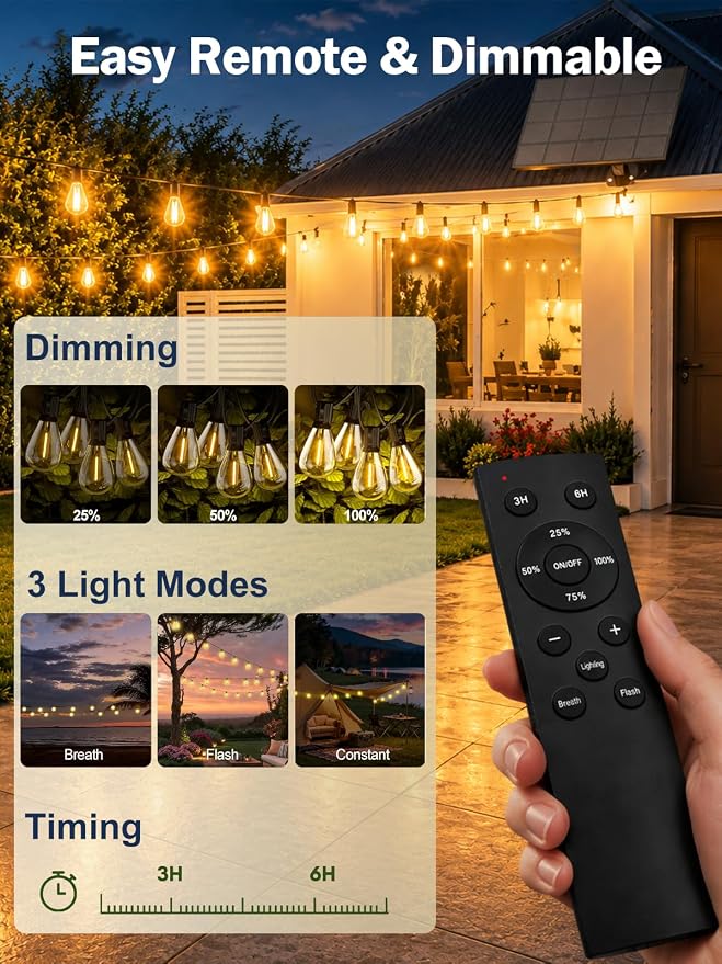 100FT Solar String Lights Outdoor, Dimmable Patio Lights Solar Powered with Remote & USB Port 35+1 LED Shatterproof Bulbs 3 Light Modes, Waterproof Solar Light for Camping Backyard Garden