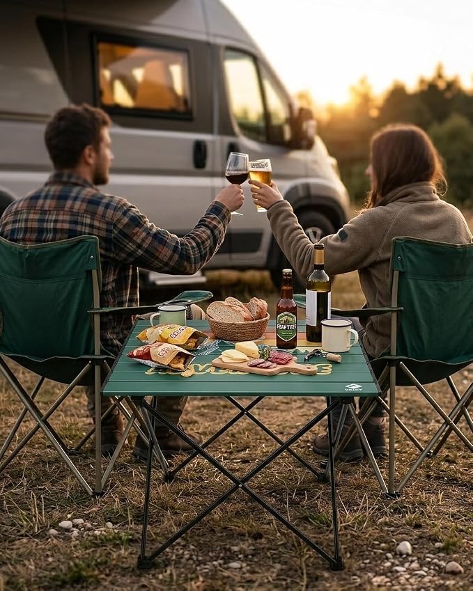 VILLEY Portable Camping Side Table, Ultralight Aluminum Folding Camp Table with Mountain Silhouette Print and Carry Bag, Compact Outdoor Picnic Table for Camping, Beach, Hiking, Travel, Large