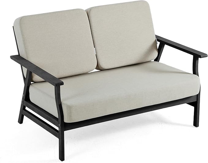 4 Pieces Patio Furniture Sets, Black Wood Outdoor Sectional Furniture with Coffee Table, 4 Seats Patio Sofa Couch Conversation Set for Backyard Deck - Light Camel