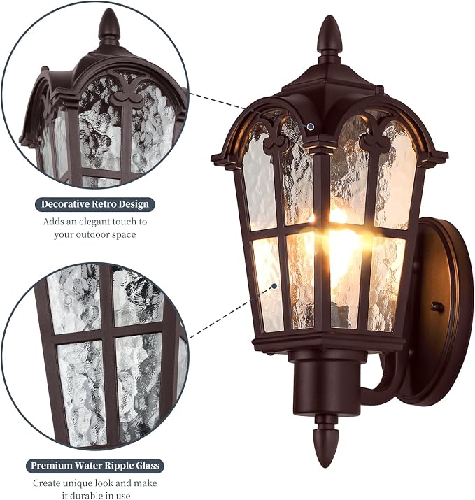 16’’ Large Outdoor Wall Light Fixture, Exterior Wall Lantern Sconce | Waterproof, Rust-resistant, Matte Brown, Water Ripple Glass, Quick & Easy Installation, Retro & Traditional