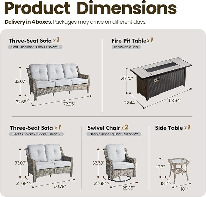 6 Piece Patio Furniture Set with Fire Pit Table, Conversation Sets with High Back Swivel Rocker Chairs, Outdoor Wicker Sofa Loveseat with Comfy Cushion for Backyard Deck Garden, Grey