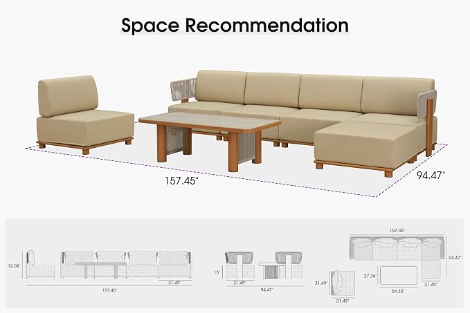 PURPLE LEAF Patio Furniture Set Modular Open-End Outdoor Sectional Sofa with 11" Thick Olefin Cushion 7-Piece Outdoor Conversation Set w/White Lights & Ottoman for Poolside Table Included, Beige