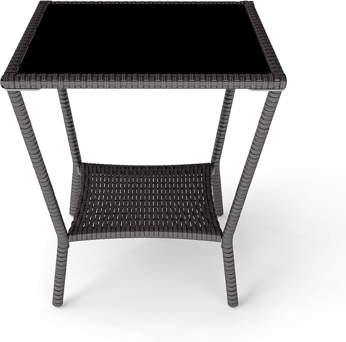 Kinfant Rattan Patio Side Table - Modern Wicker End Table, PE Rattan Coffee Table with Glass Top, Weather-Resistant Patio Furniture for Patio, Balcony, Garden, and Poolside (1, Black Brown)