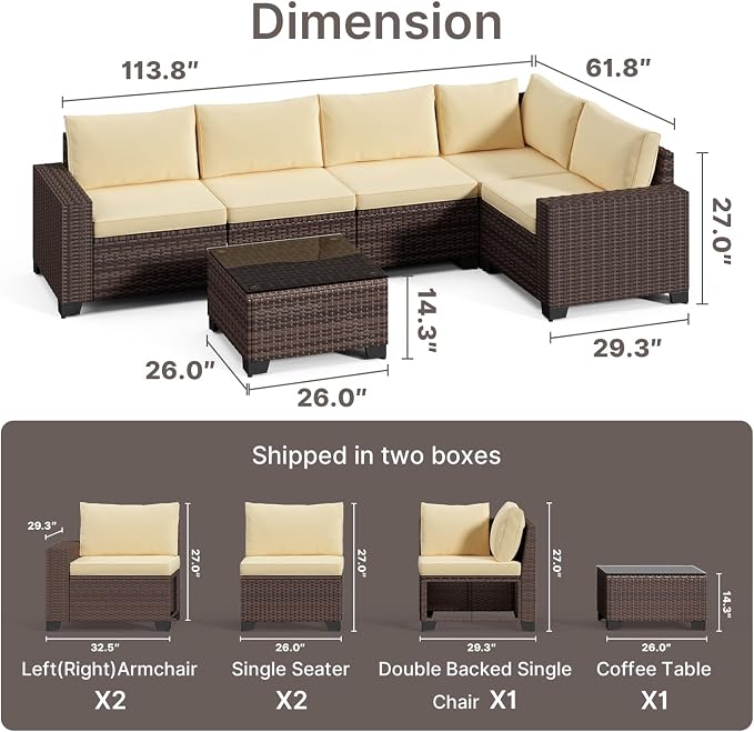 Gizoon 6-Piece Outdoor Patio Furniture Set, PE Wicker Rattan Sectional Sofa Conversation Set with Thickened Cushions, Coffee Table, All-Weather Patio Furniture for Garden, Backyard, Poolside, Beige