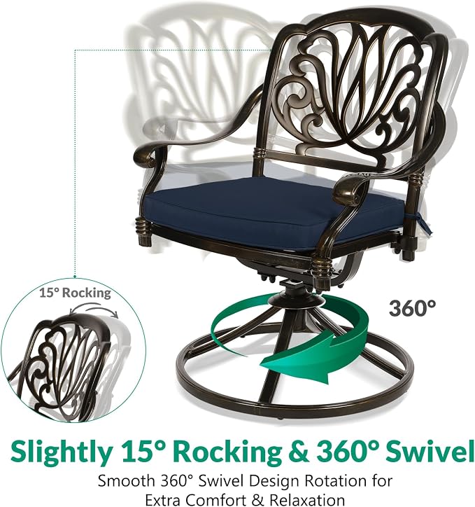 VIVIJASON 9-Piece Outdoor Furniture Dining Set, All-Weather Cast Aluminum Patio Conversation Set, Include 6 Stationary Chairs, 2 Swivel Dining Chairs, Oval Table with Umbrella Hole, Navy Blue Cushion
