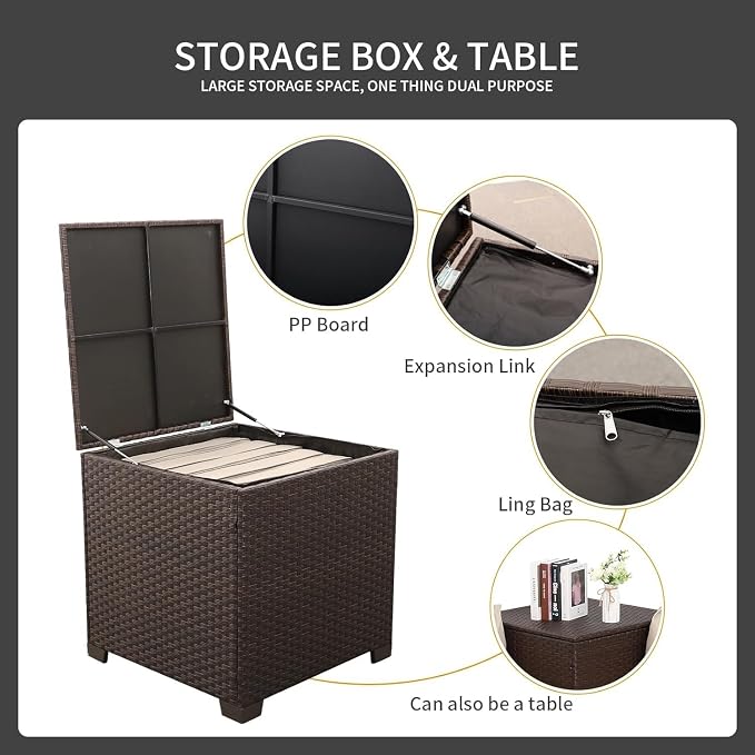 4 Piece Outdoor Patio Furniture Set Brown Rattan Sectional Sofa Couch with Storage Box, PE Wicker Conversation Sets, Glass Top Table, Khaki Cushions for Backyard Garden Lounge