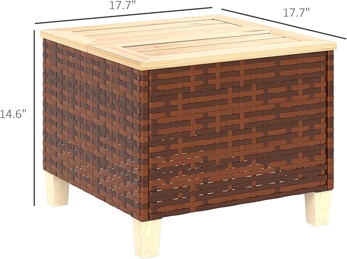 Outsunny Outdoor Side Table with PE Rattan, Patio End Table with Natural Fir Wood Tabletop and Legs, Weather Resistant Accent Table for Patio Pool Porch, Brown
