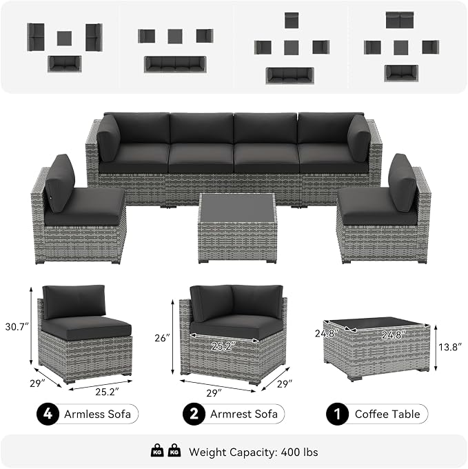 LazySunsets 7-Piece Patio Furniture Set, Wicker Rattan Outdoor Furniture with Thick Cushions, Patio Conversation Sets with Coffee Table, Outdoor Sectional Couch Sofa, Black