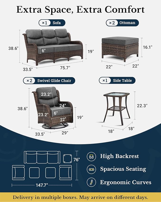 HILLGA 6-Piece Luxury Patio Furniture Set with 6" Thick Cushions, Weather-Resistant Wicker High Back Swivel Rocker Chairs, Senior-Friendly Outdoor Sofa Set for Large Deck, Yard and Poolside, Gray(V2)