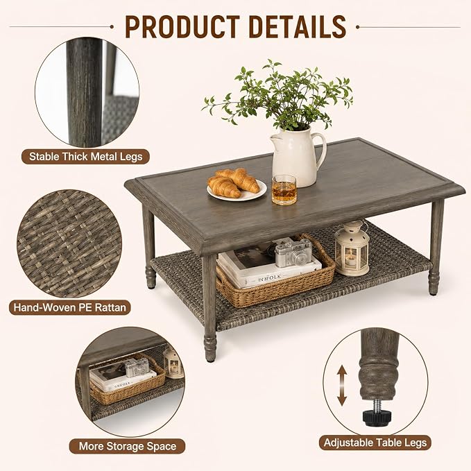 Outdoor Coffee Table, All-Weather Wicker Patio Table, 2-Layer Patio Coffee Table with Storage, Outdoor Side Table for Garden Porch Balcony Poolside