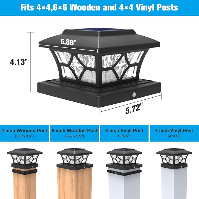 VOLISUN Solar Post Cap Lights Outdoor, Solar Powered Fence Cap Lights for 4x4 Vinyl/Wood, Black Waterproof Solar Deck Post Light 8Pack Cool/Warm for Garden Patio Porch