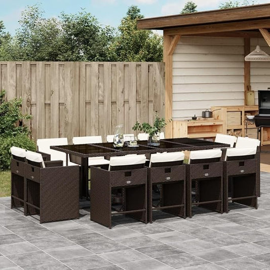 13 Piece Patio Dining Set with Cushions Brown Poly Rattan Outdoor Furniture for 12 People, Folding Chairs, Glass Table, UV-Proof Garden Dining Set for Backyard, Lawn, Porch, Easy Assembly