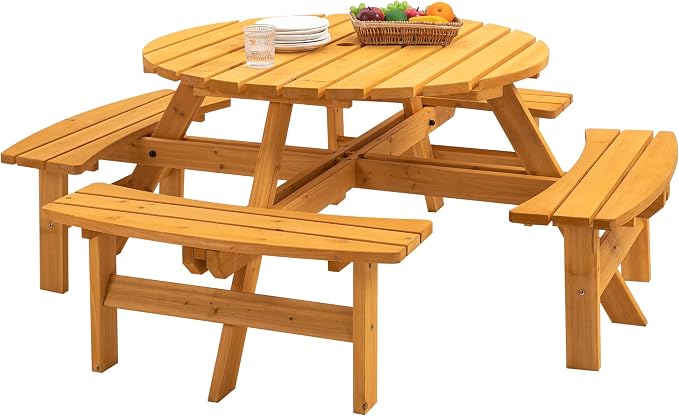 8 Person Wood Picnic Tables for Outdoors, Round Picnic Table with Umbrella Hole,4 Built-in Benches, Wooden Patio Table and Bench Set for Garden,Patio, Backyard,2220LBS Total Capacity,Natural Wood
