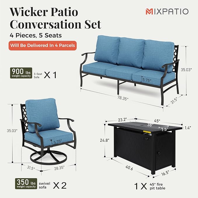 MIXPATIO Patio Furniture Set, 4 Pcs Metal Outdoor Conversation Set, 2 Swivel Chairs and 3 Seater Sofa with 5.75" Extra Thick Cushion and Gas Fire Pit Table for Backyard Deck, Navy Blue