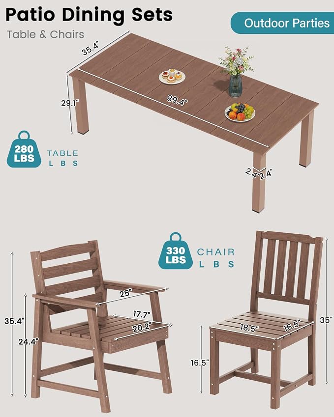 LOUNZY 11 Piece Patio Dining Set for 10, Outdoor Table and Chairs, Brown | 89.4“ table,Large family 10 person dining table set, eco-friendly HDPE, heat and moisture resistant for outdoor dining