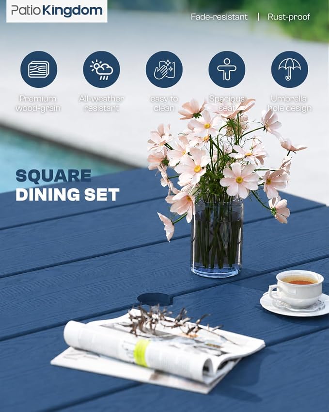 HDPE Outdoor Dining Set for 4, Square Table and Chairs, Navy | All-Weather HDPE, Wood Grain Finish, 42.5" Square Table, Built-In Umbrella Hole, Seats 4, Patio & Poolside Ready