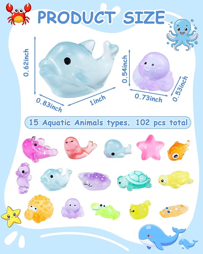 FIVEIZERO 102PCS Luminous Mini Resin Ocean Animals Bulk - 15 Styles Glow in The Dark Plastic Tiny Sea Creatures for Dollhouse, Fairy Garden, Aquarium, Party Favors & DIY Craft Decor