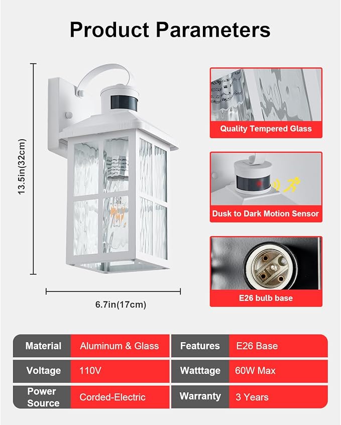 2 Pack Motion Sensor Porch Light Dusk to Dawn Outdoor Wall Light | Exterior Lighting Fixtures Modern Outside Wall Mount Coach Lamp for House Garage Patio Front Door(White)