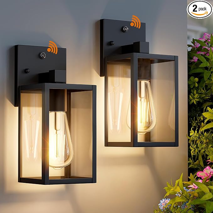 2 Pack Dusk to Dawn Exterior Lighting Fixtures Wall Mount, Sensor Outside Front Porch Lights for House, Outdoor Lantern Lamp, Waterproof Wall Sconce Lights, Black Coach Light for Garage Entryway