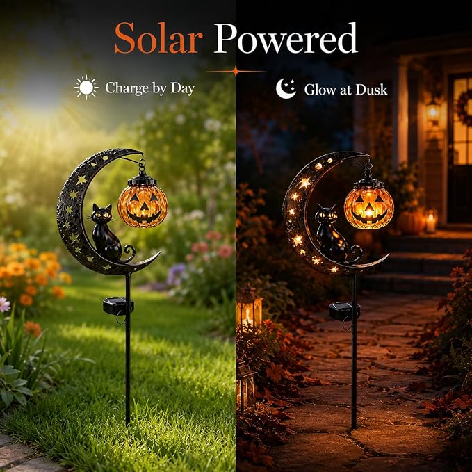 Solar Halloween Black Cat & Pumpkin Moon Garden Stake Light, Outdoor Waterproof LED Yard Decoration with Crescent Moon, Hanging Jack-o'-Lantern Lantern for Garden, Patio, Walkway, Porch(Style A)