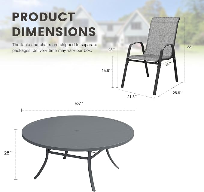 11 Pieces Outdoor Dining Set, 63" Round Table with Umbrella Hole & Stackable Patio Dining Chairs, Patio Table and Chairs Set for Deck Garden Porch, Grey Chairs & Dark Grey Table