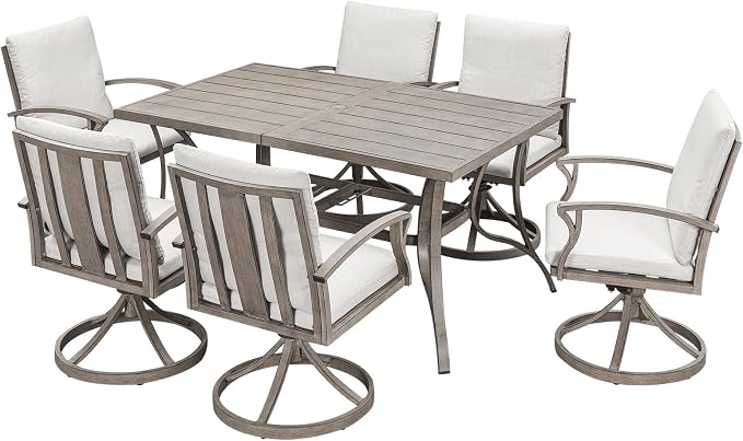 7-Piece Patio Swivel Dining Set for 6, Never Rusts Aluminum Outdoor Dining Set, Patio Dining Furniture with Cushions, Outdoor Table and 6 Swivel Chairs for Deck Garden Yard, Limed Oak