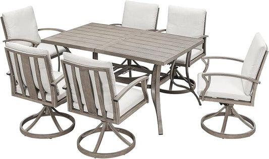 7-Piece Patio Swivel Dining Set for 6, Never Rusts Aluminum Outdoor Dining Set, Patio Dining Furniture with Cushions, Outdoor Table and 6 Swivel Chairs for Deck Garden Yard, Limed Oak