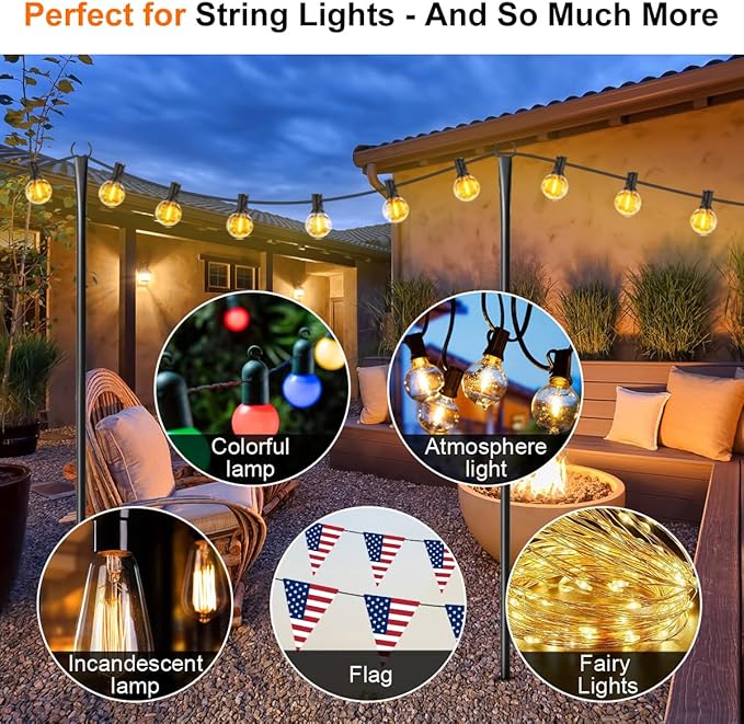 10 Pack String Light Poles for Outside, Upgraded Heavy-Duty Metal Poles for Outdoor String Lights with Fork, Adjustable Lighting Hanging Accessories for Patio Decor Pergola Backyard Garden Decorations