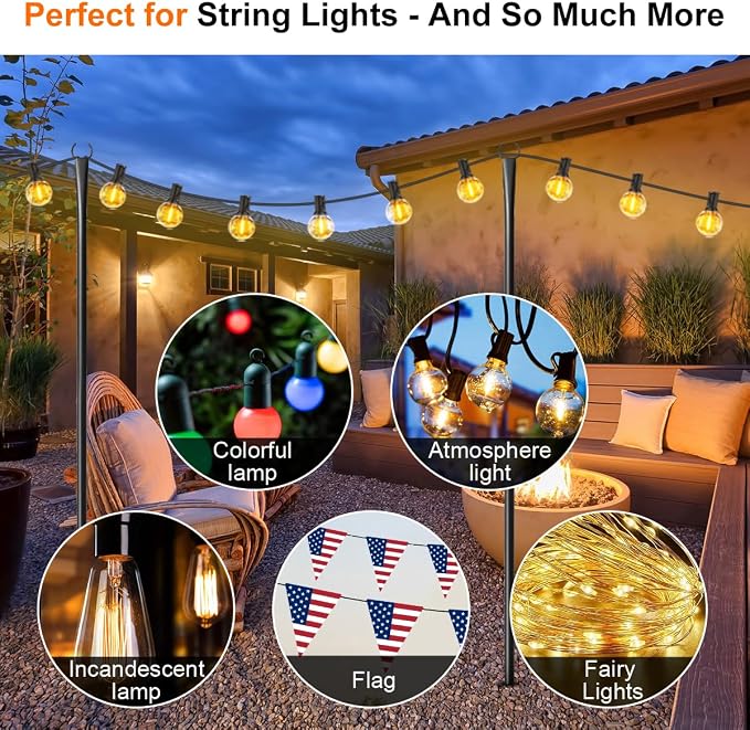 6 Pack String Light Poles for Outside, Upgraded Heavy-Duty Metal Poles for Outdoor String Lights with Fork, Adjustable Lighting Hanging Accessories for Patio Decor Pergola Backyard Garden Decorations