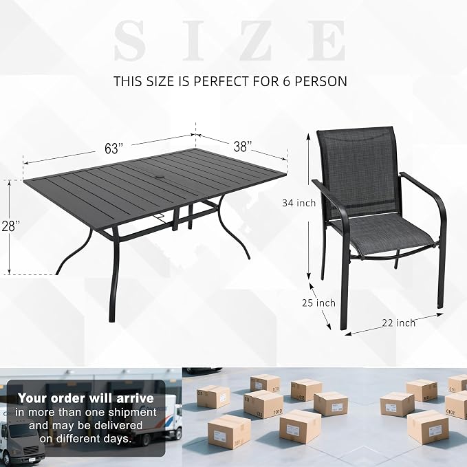 Anmutig Outdoor Patio Dining Set of 7 with 60"x38" Rectangle Table and 6 Stackable Dark Grey Chairs for 6 Person